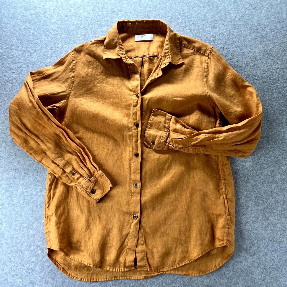 Uniqlo Linen Shirt Womens Medium Orange Long Sleeve Classic Collared Button Up